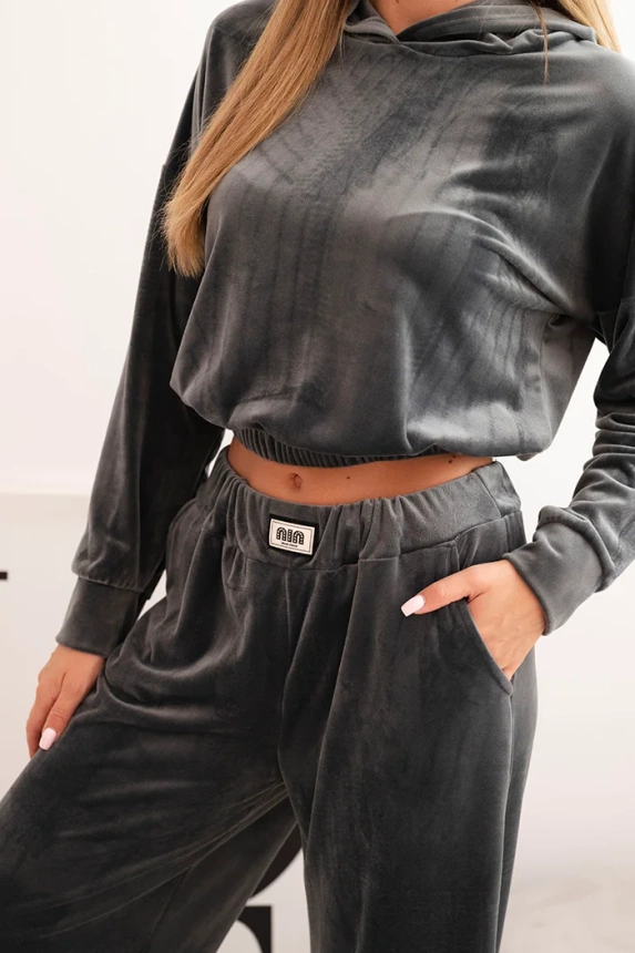 Damenvelour-Trainingsanzug mit weitem Bein und Kapuzenpullover grau