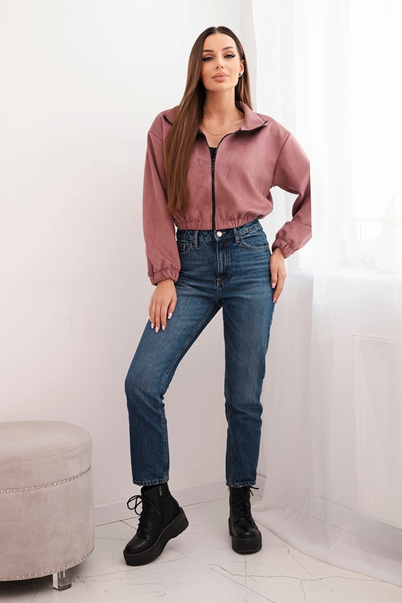 Suede zipper sweatshirt dark pink