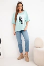 Women's oversized cotton top with short sleeves and a trendy print dark mint