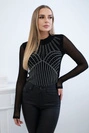 Strickbodybluse mit Tüllärmeln schwarz