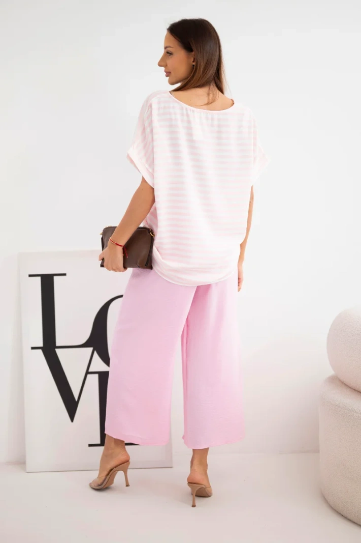 Women’s viscose set with a striped blouse and wide elasticated trousers candy pink
