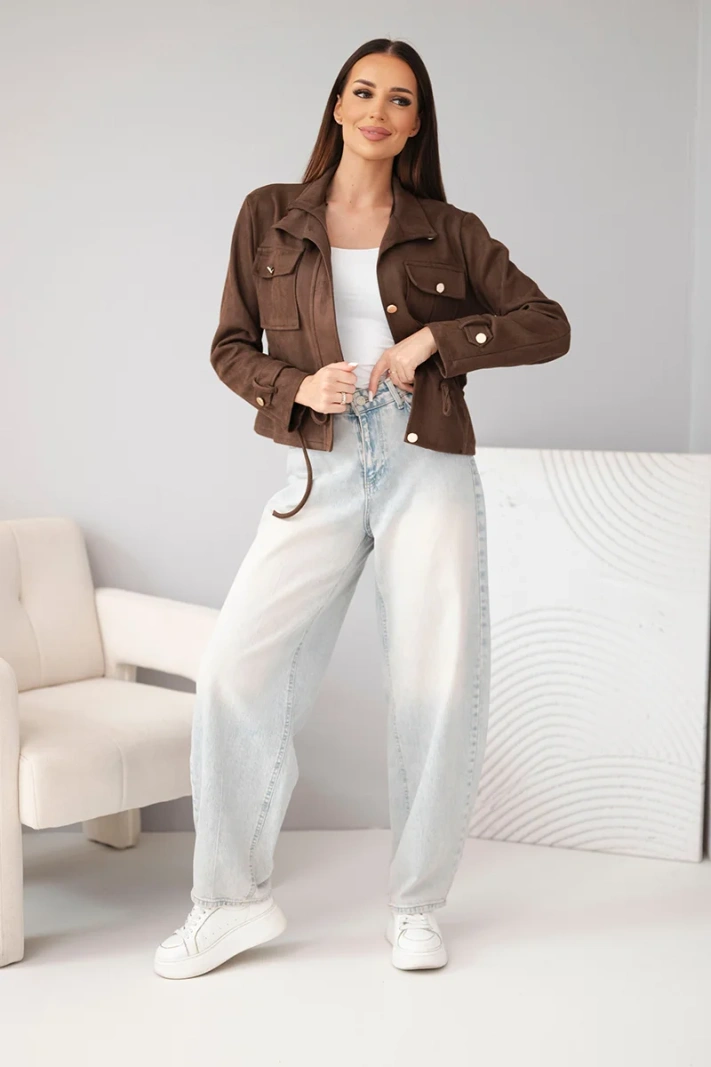 Women's suede jacket with pockets and a drawstring waist brown