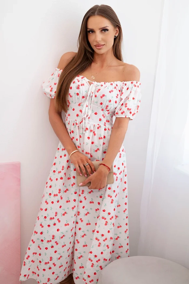 Women's maxi dress with flowers and puffs white