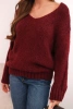 Damenpullover mit Wollanteil und V-Ausschnitt, bordowy