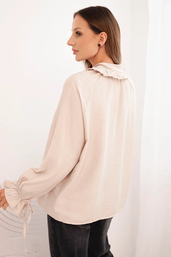 Women's viscose blouse with a V-neck and ties at the sleeves beige