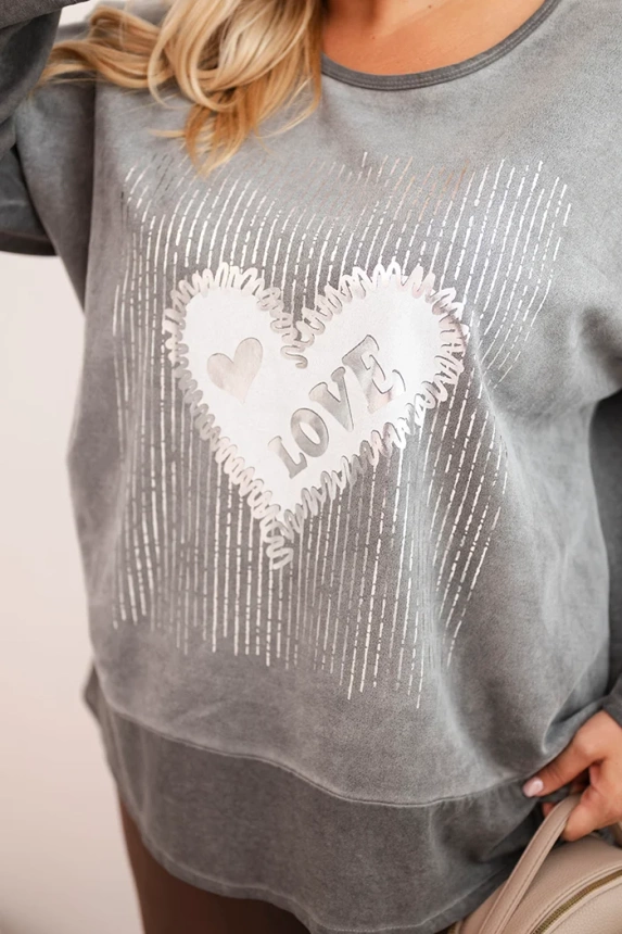 Damen Sweatshirt Plus Size aus Baumwolle mit Herzdruck und Kordeln grafitfarben