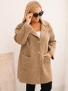 Moteriškas paltas Plus Size avikailis su vilna ir kišenėmis šviesiai khaki
