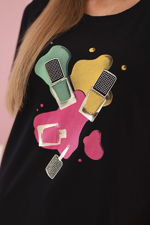 Women's cotton short-sleeve blouse with colorful print black