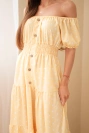 Women's viscose midi dress with polka dots and a ruched waist yellow