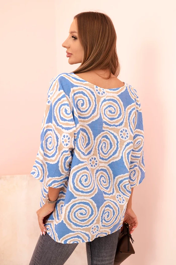 Women's cotton blouse with ethnic patterns and rolled-up sleeves turquoise