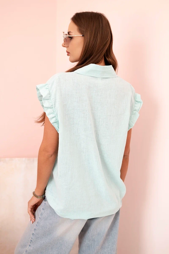 Ärmellose Damen-Leinenbluse mit Rüschen und Bindeband - dunkelminze