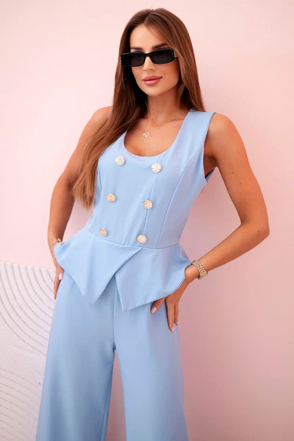 Women's sleeveless jumpsuit with wide leg and decorative buttons blue