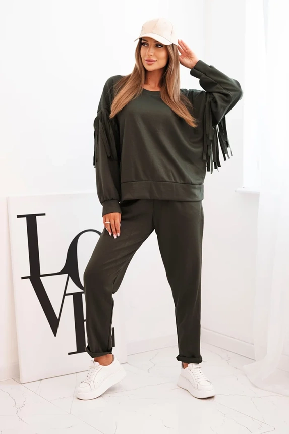 Women's butter set with fringes on the sleeves khaki