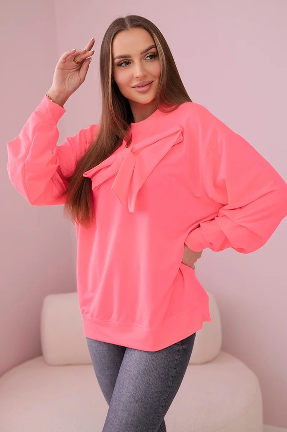 Baumwollbluse mit Schleife Pinkes Neon