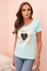Women's cotton blouse with ruffle and heart made of rhinestones mint