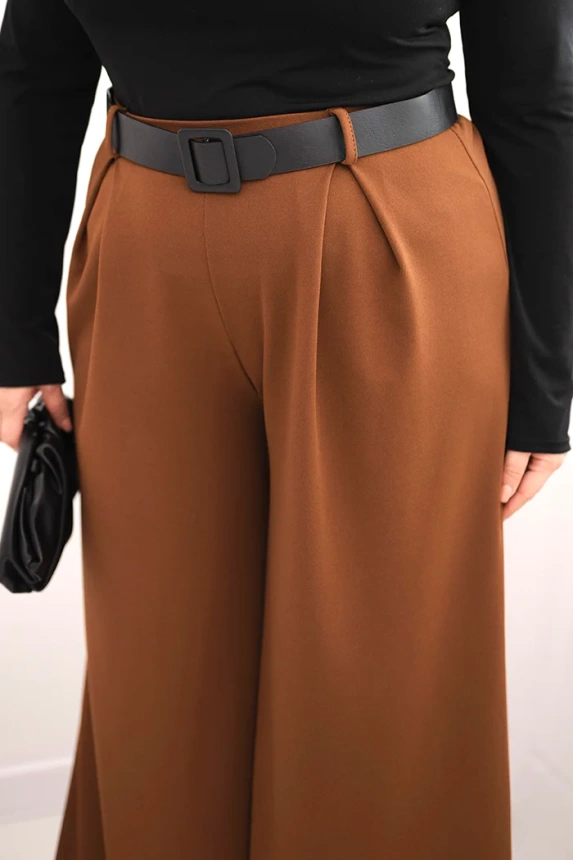 Plus Size women's pants with wide leg and belt chocolate