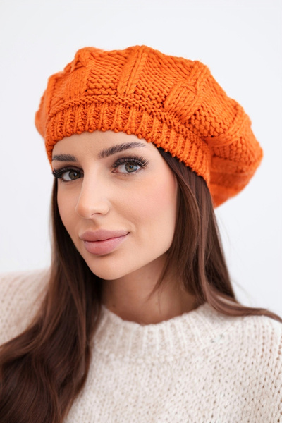 Czapka damska wełniana zimowa beret K414 pomarańczowa