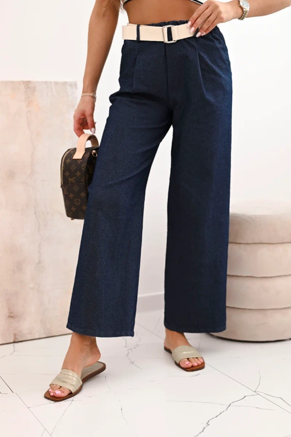 Damen Baumwollhose mit weitem Bein und Gürtel - dunkel jeansblau
