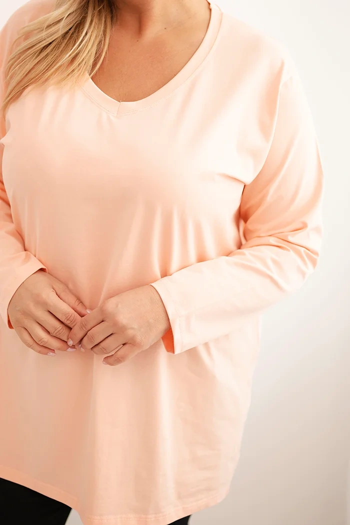 Women's Plus Size blouse with a V-neck and long sleeves peach