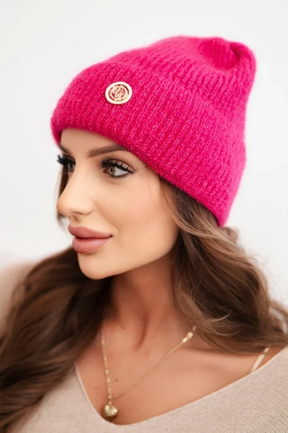 Women's winter fluffy hat with decorative button fuchsia