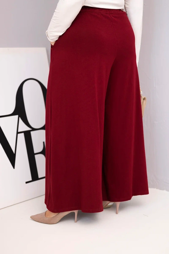 Moteriškos medvilninės Plus Size kelnės su plačiomis kojomis ir laisvu siluetu bordo