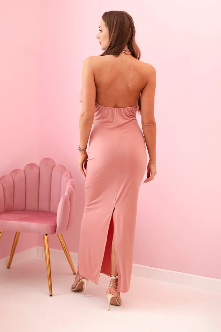 Women's maxi dress with open back and ruching - dark pink