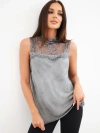 Women's satin viscose blouse with lace and a stand-up collar graphite