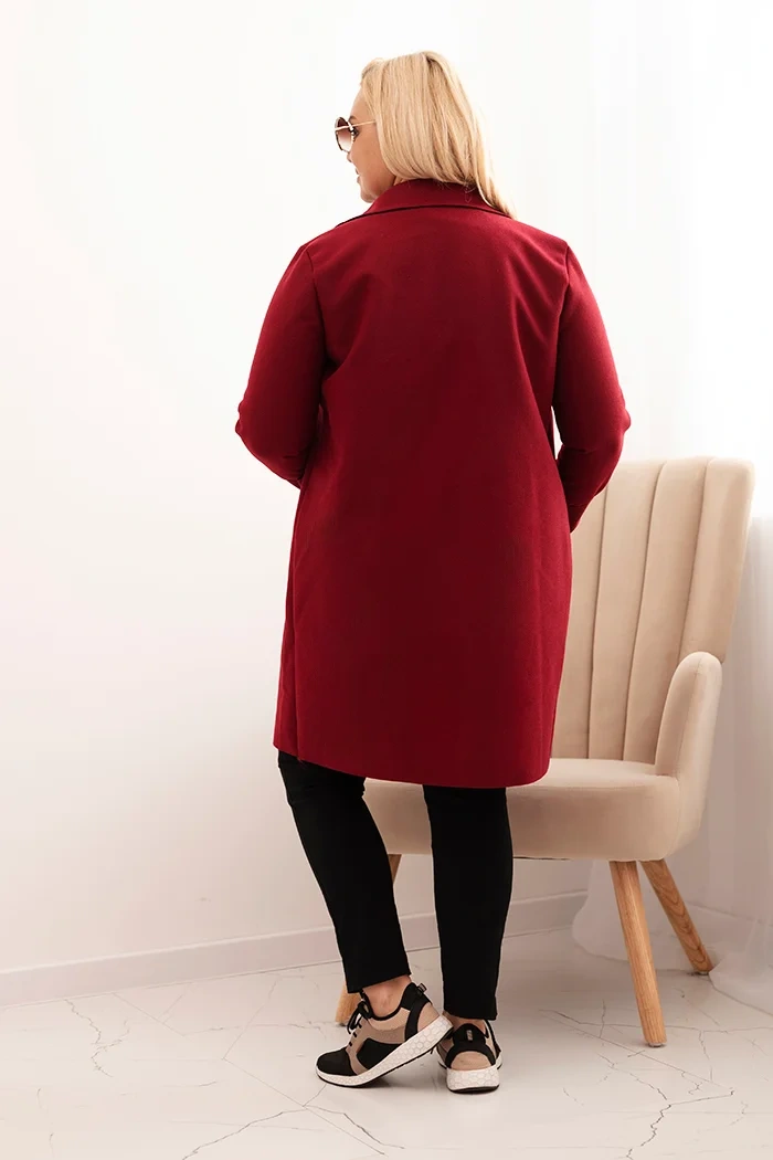 Dámský elegantní plášť Plus Size s límcem a velkými kapsami bordový