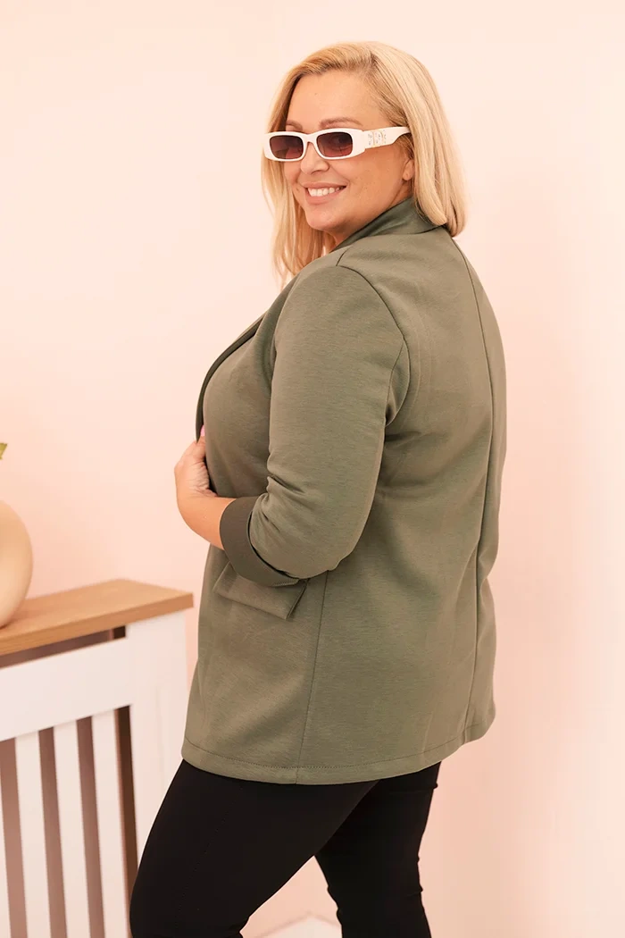 Damenjacke aus Viskose Plus Size mit langen Ärmeln und Kragen khaki