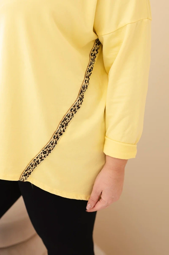 Plus Size women's cotton blouse with rolled sleeves and leopard print trim yellow