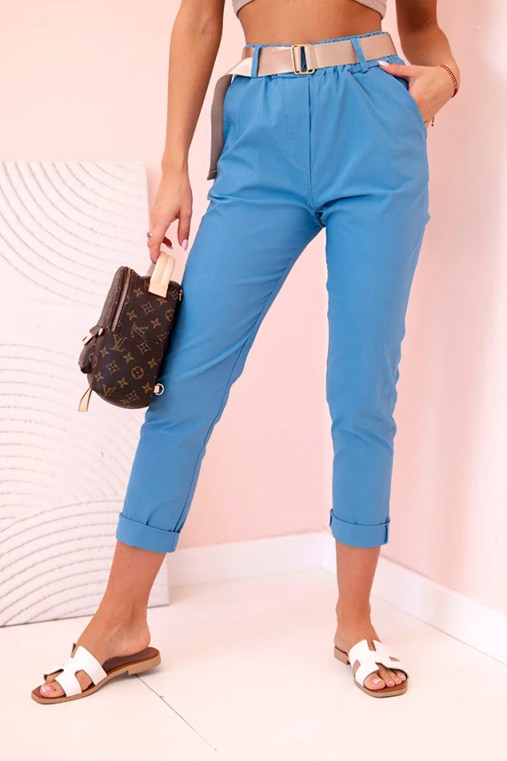 Women's viscose trousers with belt and rolled up leg denim