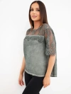 Women’s satin viscose blouse with lace and short sleeves khaki