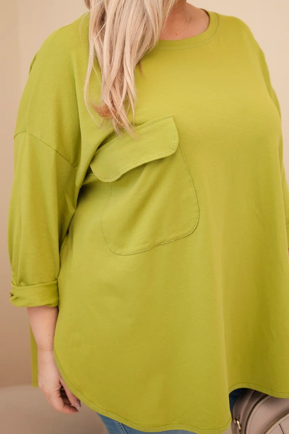 Damenbluse Plus Size aus Baumwolle mit Tasche und hochgekrempeltem Ärmel olivgrün