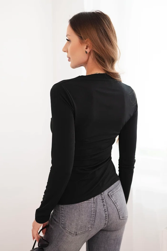 Women's blouse with decorative buckle, gathered, made of viscose, black