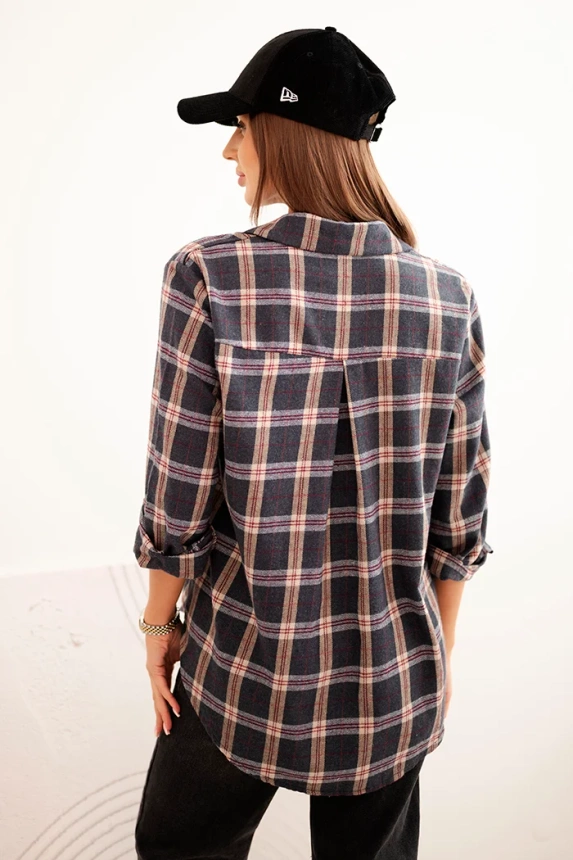 Women's cotton checkered shirt with a longer back graphite