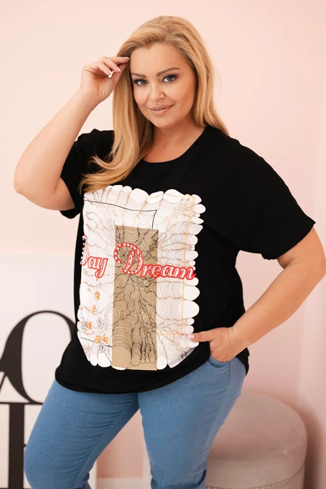 Bluzka damska bawełniana Plus Size z nadrukiem Day Dream czarny + camelowy