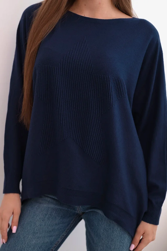 Women's sweater with a longer back and embossed star navy blue