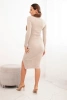 Women's ribbed dress with a turtleneck and decorative buttons beige