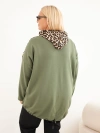 Plus Size women's viscose hoodie with leopard print inserts khaki