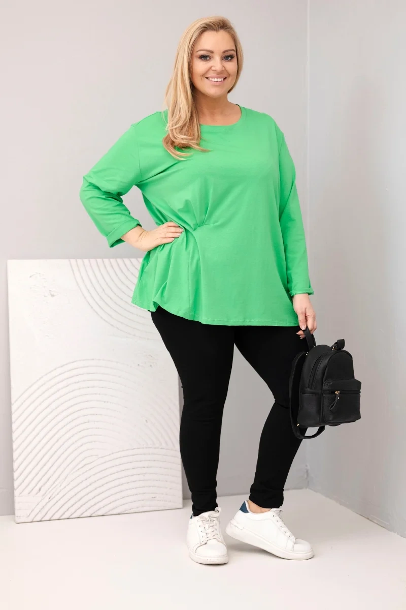 Bluzka damska plus size z bawełną z długim rękawem i marszczeniem jasno zielona