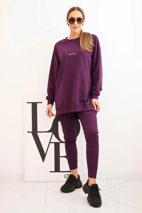 Damen Komplettset Baumwolle Sweatshirt und Leggings mit dem Schriftzug Minimal pflaumenfarben