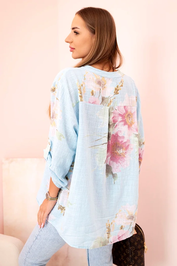 Damenbluse aus Baumwolle mit Blumenmuster und Knöpfen blau