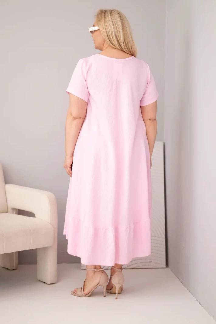 Damenkleid Plus-Size mit kurzem Ärmel und Rüsche aus leichter Viskose bonbonrosa