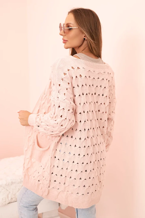 Damen Cardigan mit Taschen aus Ajour-Pullover rosa