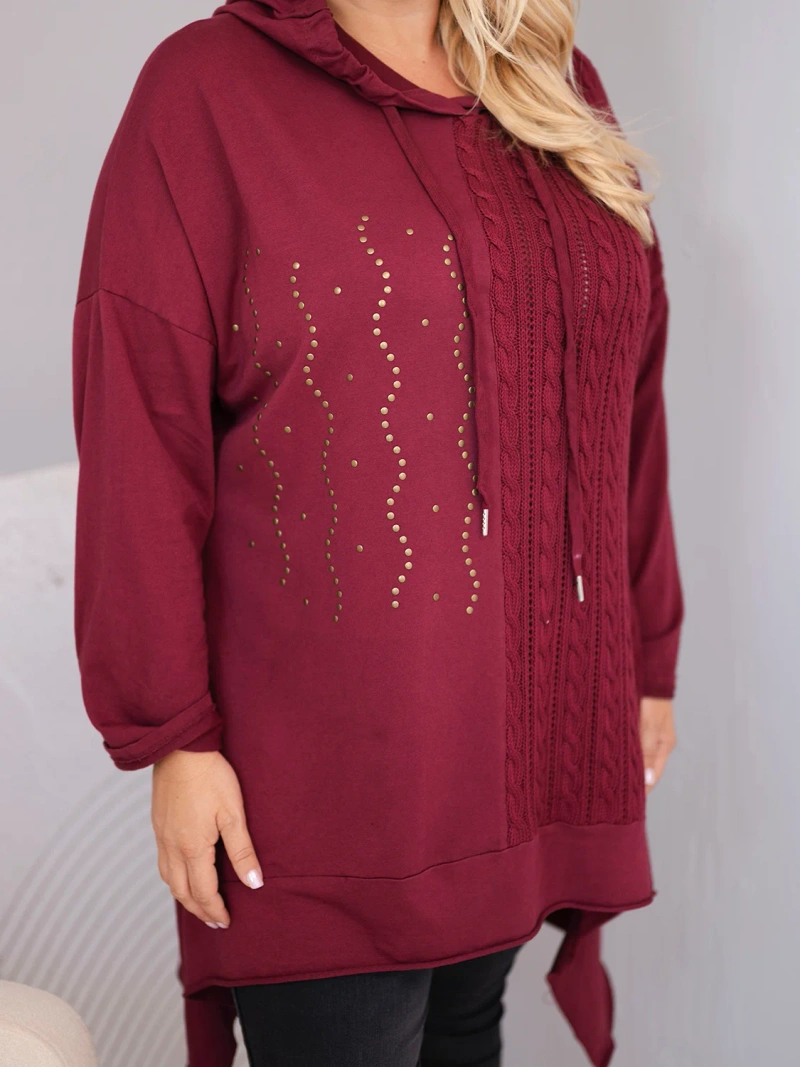 Damen Baumwoll Hoodie Plus Size mit Kapuze und geflochtenem Einsatz bordowa