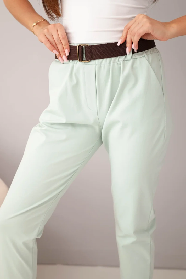 Damen-Baumwollhose mit Gürtel und umgeschlagenem Hosenbein dunkelmint