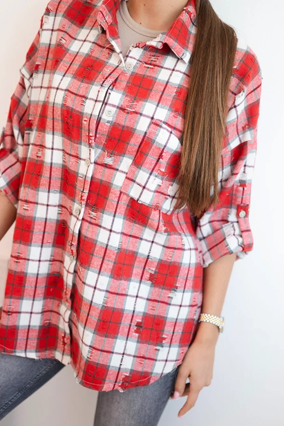 Women's cotton checkered shirt with a distressed effect red