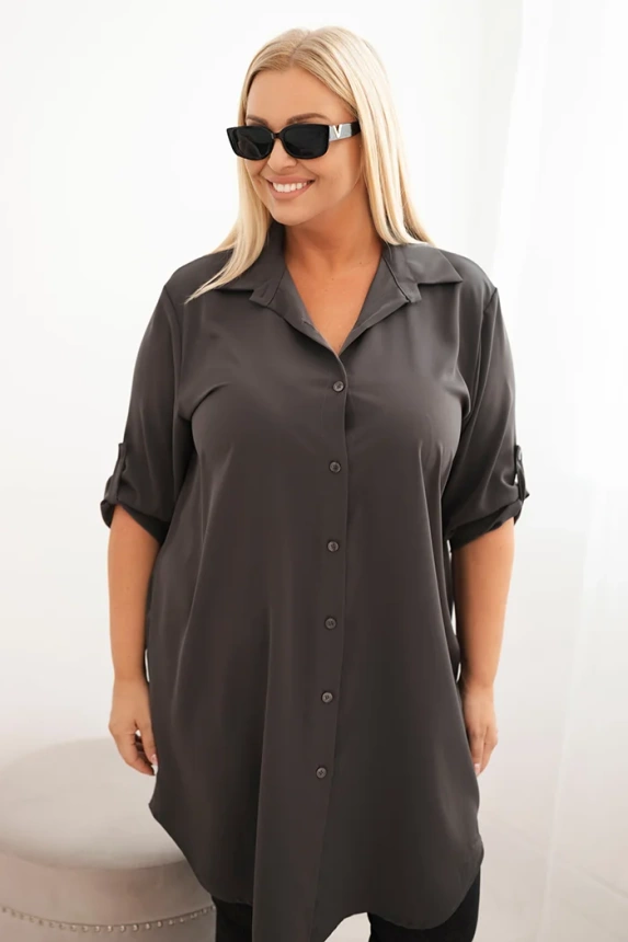 Plus Size women's shirt dress with a longer back and rolled-up sleeves graphite