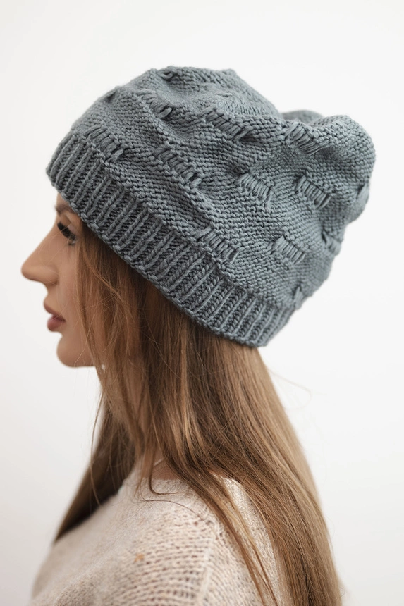 Women's winter hat made of wool with decorative weave K451 dark gray