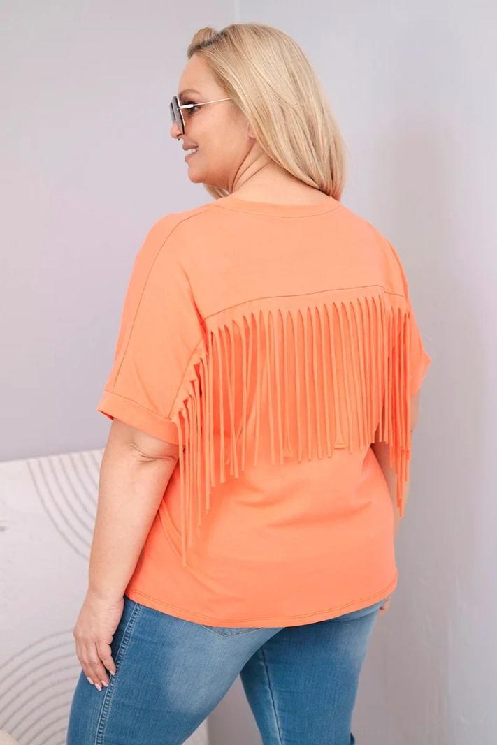 Damen-Baumwollbluse in Plus Size mit V-Ausschnitt und Fransen auf dem Rücken lachsrosa